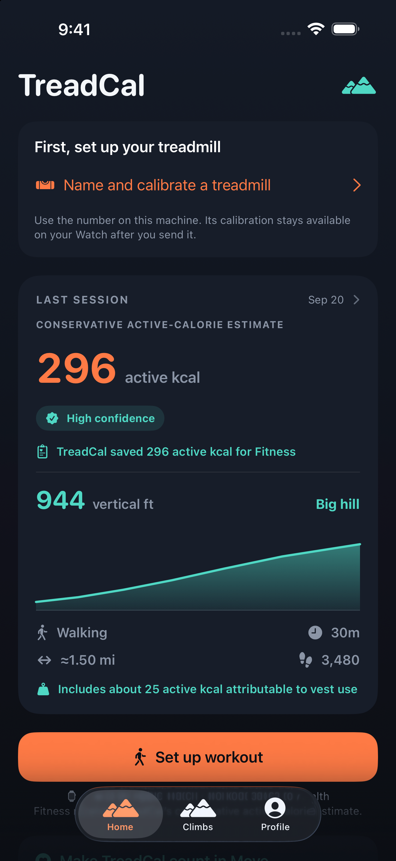 TreadCal iPhone workout overview with calories and vertical climb